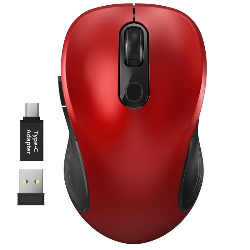 WisFox 2.4G Wireless Mouse for Laptop, Ergonomic Computer Mouse with USB Receiver and Type-C Adapter, 6 Button Cordless Mouse Wireless Mice for Windows Mac PC Notebook (Red) - Image 1